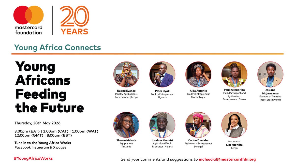 youngafricawks's tweet photo. Meet the voices shaping Africa’s food future. 

Tomorrow, the #YoungAfricaConnects show brings together agripreneurs from different parts of Africa, all proving that young Africans are already feeding the continent and building the food systems it deserves.
Tune in LIVE and join the conversation!

🗓 Thursday, 28th May 2026
⏰ 8AM EST | 12PM GMT | 1PM WAT | 2PM CAT | 3PM EAT
Live on or Facebook, Instagram & X pages

#YoungAfricaWorks #YoungAfricansFeedingTheFuture #YoungAfricaConnects #agripreneurs