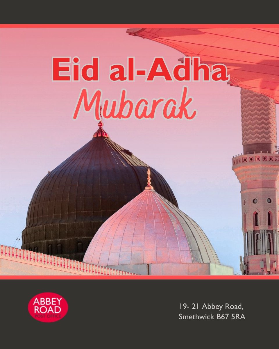 AbbeyRdPO's tweet photo. Eid al-Adha Mubarak to everyone celebrating. 

May this special occasion bring peace, happiness, and blessings to you and your loved ones.

From all of us at Abbey Road Post Office, we wish you a joyful and blessed Eid.

#eidmubarak #EidAlAdha #AbbeyRoadPostOffice https://t.co/jnaOPUw5CB