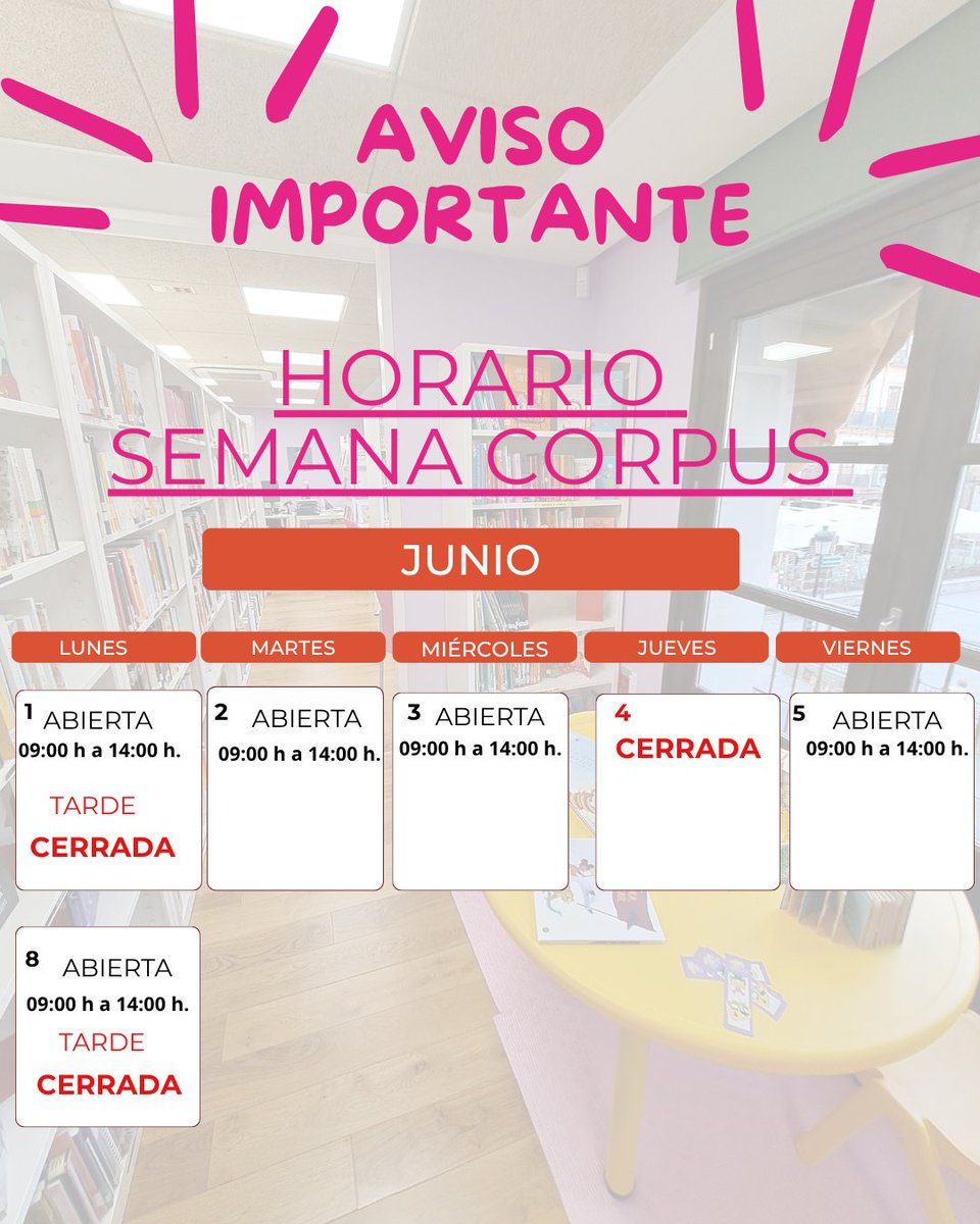 BiblioLSigea's tweet photo. 📚✨ ¡Atención!
Os informamos del 𝐡𝐨𝐫𝐚𝐫𝐢𝐨 𝐞𝐬𝐩𝐞𝐜𝐢𝐚𝐥 de la Biblioteca por la festividad de Corpus Christi. https://t.co/gTNKOKZSnS