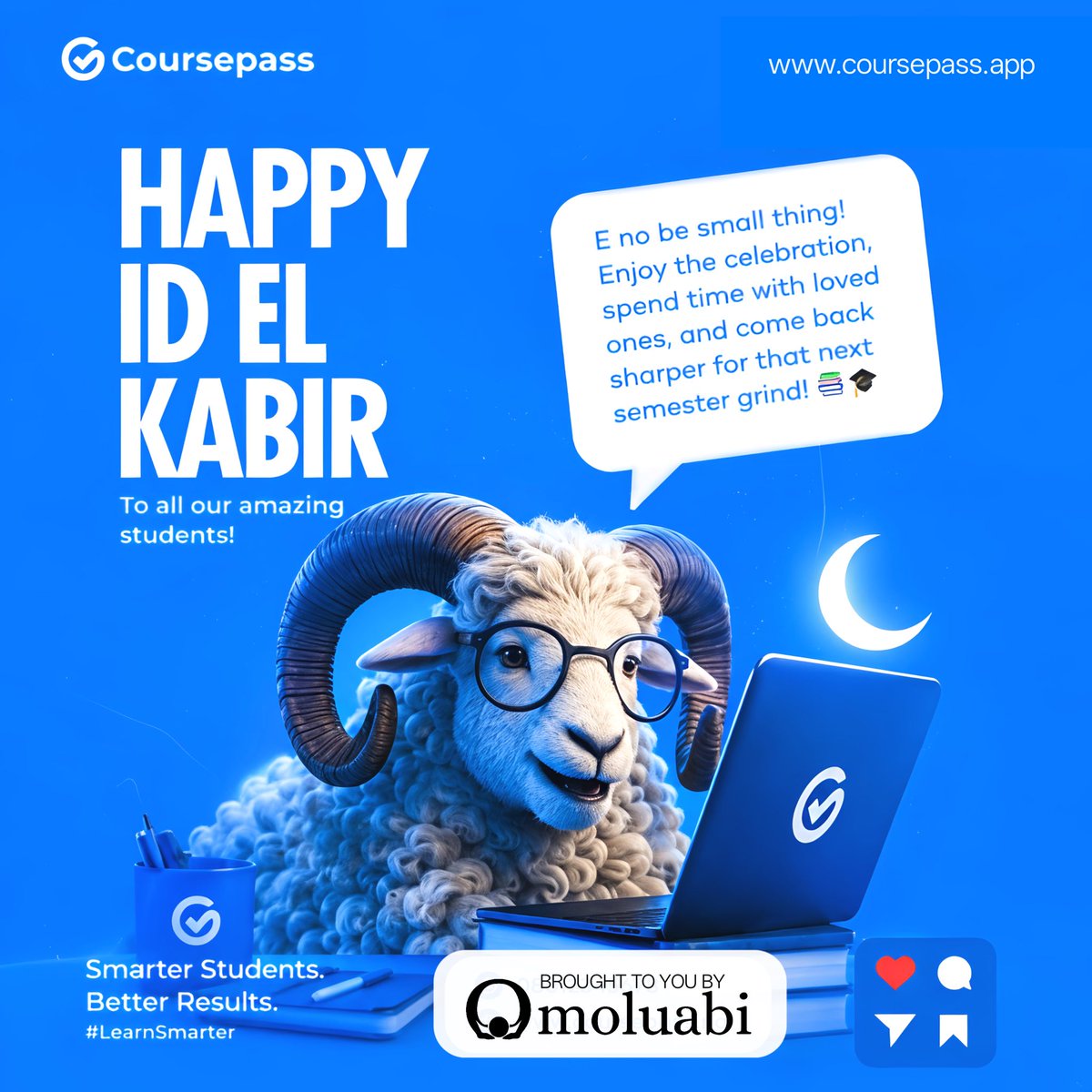coursepass_app's tweet photo. Barka da Sallah to the amazing 

CoursePass community! 🌙✨
May this Eid al-Kabir bring you and your families joy, peace, and blessings. 

We know how much effort and sacrifice you put into your studies every day. Take a well-deserved break, enjoy the celebrations and the meat. https://t.co/jhIZzo3Hyx