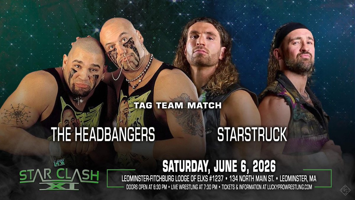 LProWrestling's tweet photo. Lucky Pro Wrestling presents StarClash XI Saturday night, June 6 at the Elks Hall (134 North Main Street) in Leominster, MA. Tickets for this event are just $20 or Four Pack is just $75. Tickets available at https://t.co/hJK75FvMuG
The Headbangers vs Starstruck https://t.co/ZHQyIvaKLj