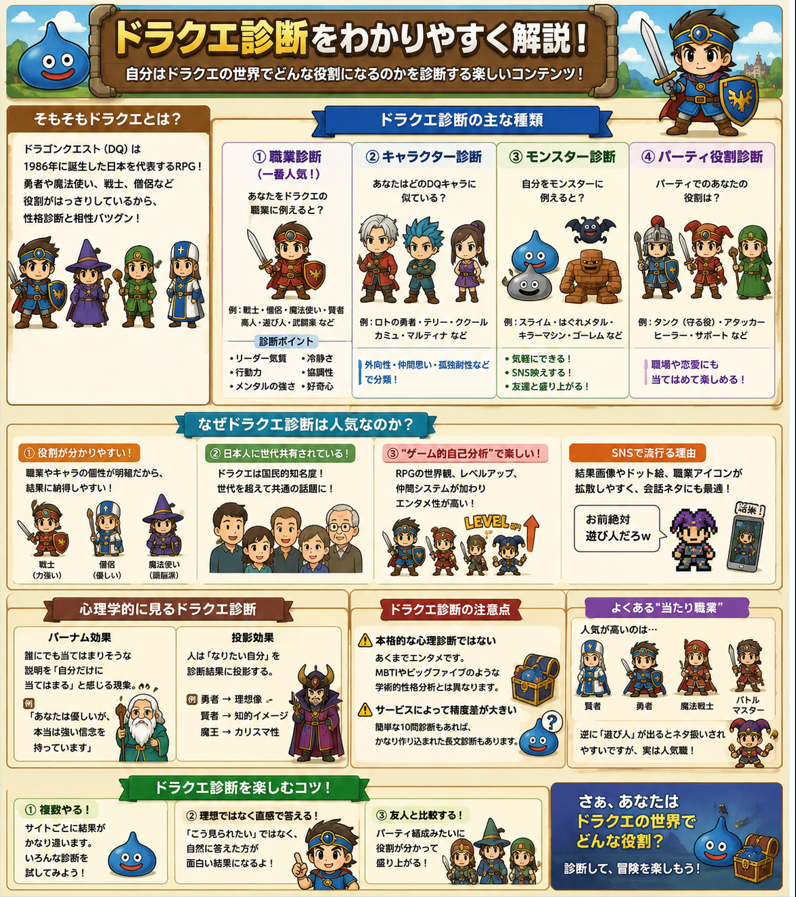 gachapea's tweet photo. ドラクエ診断とは「自分がドラクエ世界でどんな役割になるか」を楽しむ性格診断！

勇者・戦士・魔法使い・僧侶など、性格や行動タイプから職業が決まります✨

SNSでは「遊び人っぽい」など会話ネタとしても大人気！

ゲーム感覚で自己分析できるのが魅力です🎮
 #ドラクエ
 #ドラクエ診断 
#性格診断 https://t.co/5yKwLiT1tF
