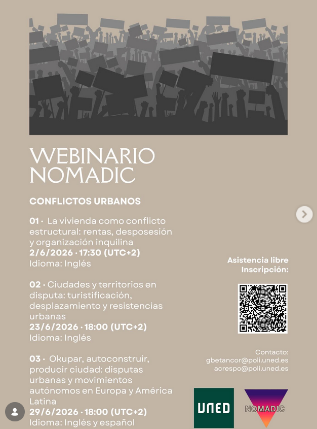 ISA_RC21's tweet photo. Webinar Urban Conflicts. Attendance is free of charge, register via the QR code on the poster.  The first session, which will take place on 2 June 2026 at 17:30  (UTC+2). For any enquiries, contact acrespo@poli.uned.es and  gbetancor@poli.uned.es #urban #sociology https://t.co/28kSjEnK94