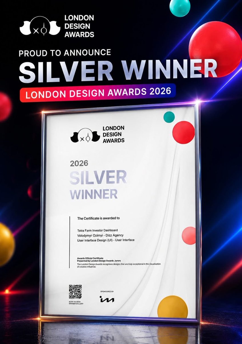 AgencyDizz's tweet photo. Excited to share that our project “Tetra Farm Investor Dashboard” has been awarded Silver Winner at the London Design Awards 2026 in the category User Interface Design (UI).

Project Winner Page:
London Design Awards – https://t.co/G4HnAOBxbS

#uxui #webdesign #award #dizzagency https://t.co/m8CFXx6W7Z