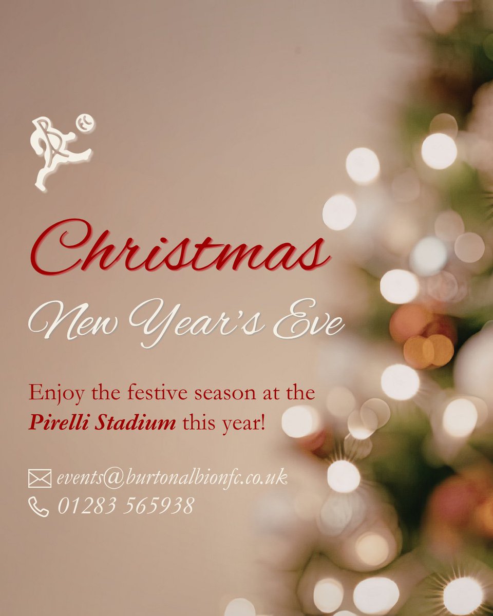 BAFCEvents's tweet photo. Celebrate the festive period here at the Pirelli Stadium. 🎄

We've got some fantastic party nights lined up, as well as the opportunity for you to host your own festive function.

Click below to view our brochure, or get in touch with events@burtonalbionfc.co.uk.

👉 https://t.co/DGGjeotOR3
#TheBrewers