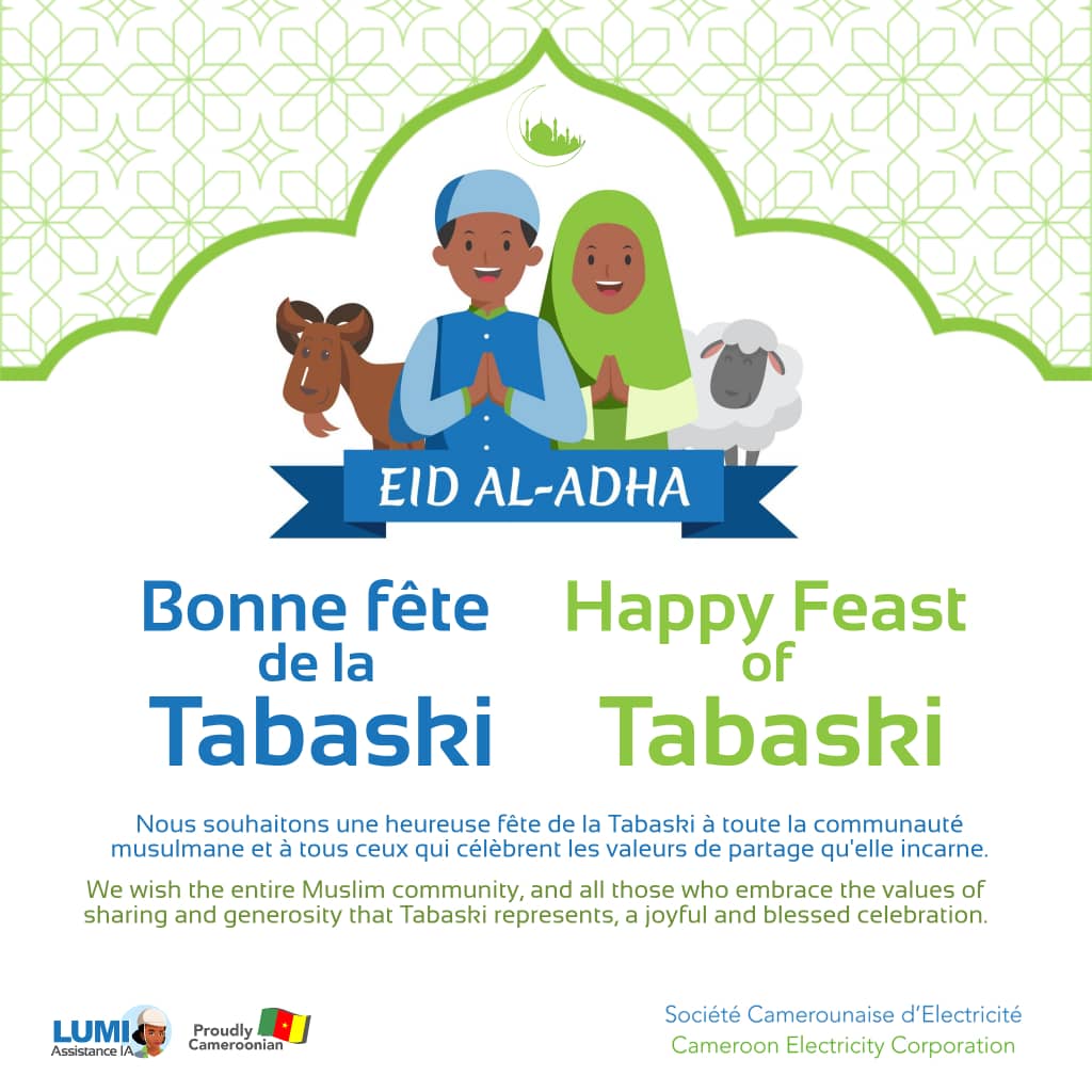 InsideEneo's tweet photo. #SOCADELPeople | Bonne fête de la Tabaski 

Nous souhaitons une heureuse fête de la Tabaski à toute la communauté musulmane et à tous ceux qui célèbrent les valeurs de partage qu'elle incarne.

Eid Al-Adha 🕌🕋🐑

Société Camerounaise d'Electricité https://t.co/JSQIo51H9R