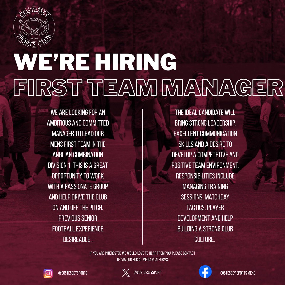 CostesseySports's tweet photo. We're on the lookout for our next first team manager. Are you up for the challenge? https://t.co/BXMb2GdrUk