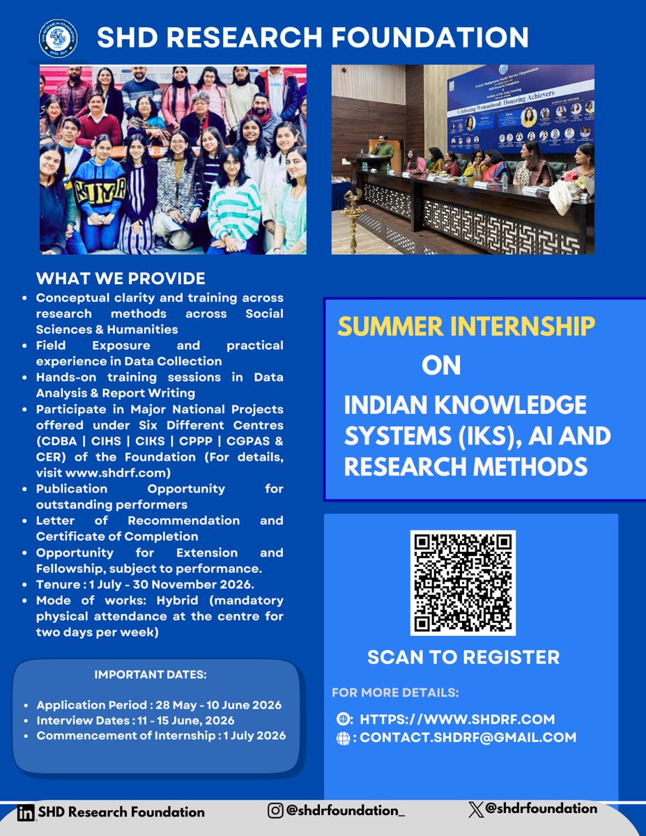 shdrfoundation's tweet photo. SHDRF Summer Internship 2026 brings you opportunity to learn Research Methods and Practices using Indian Ancient Wisdom in the age of AI. Work on real projects and master research methods. Earn LOR + publication chance. Hybrid | July–Nov 2026. Deadline: 10th June. Apply now!!! https://t.co/PBG2jGYKS6
