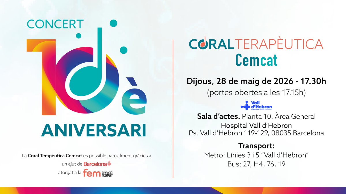cemcat_em's tweet photo. 👉🏻ATENCIÓ, RECORDA: DEMÀ DIJOUS 28/5, 17.30h 
T'esperem al 🎶concert de la Coral Terapèutica Cemcat a l'Hospital General Vall d'Hebron, planta 10
Vine a un concert emotiu que celebra els 10 anys des de la creació de la Coral. Porta a la teva família i amistats!
Pots confirmar a <cem-cat@cem-cat>