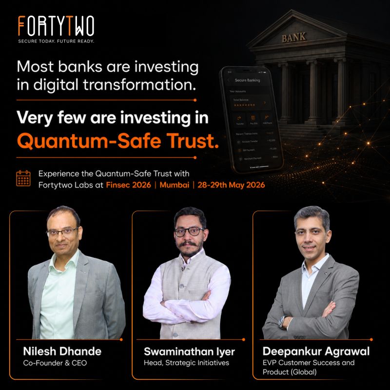 fortytwolabs_26's tweet photo. Most banks are transforming digitally.
Very few are preparing for what comes next.
Experience Trust for Today's Threats and Post Quantum Threats with Fortytwo Labs at #FINSEC2026 by @DSCI_Connect 
Mumbai | 28–29 May 2026 

#QuantumSafe #CyberSecurity #Banking #PQC https://t.co/0eakdXrKJm