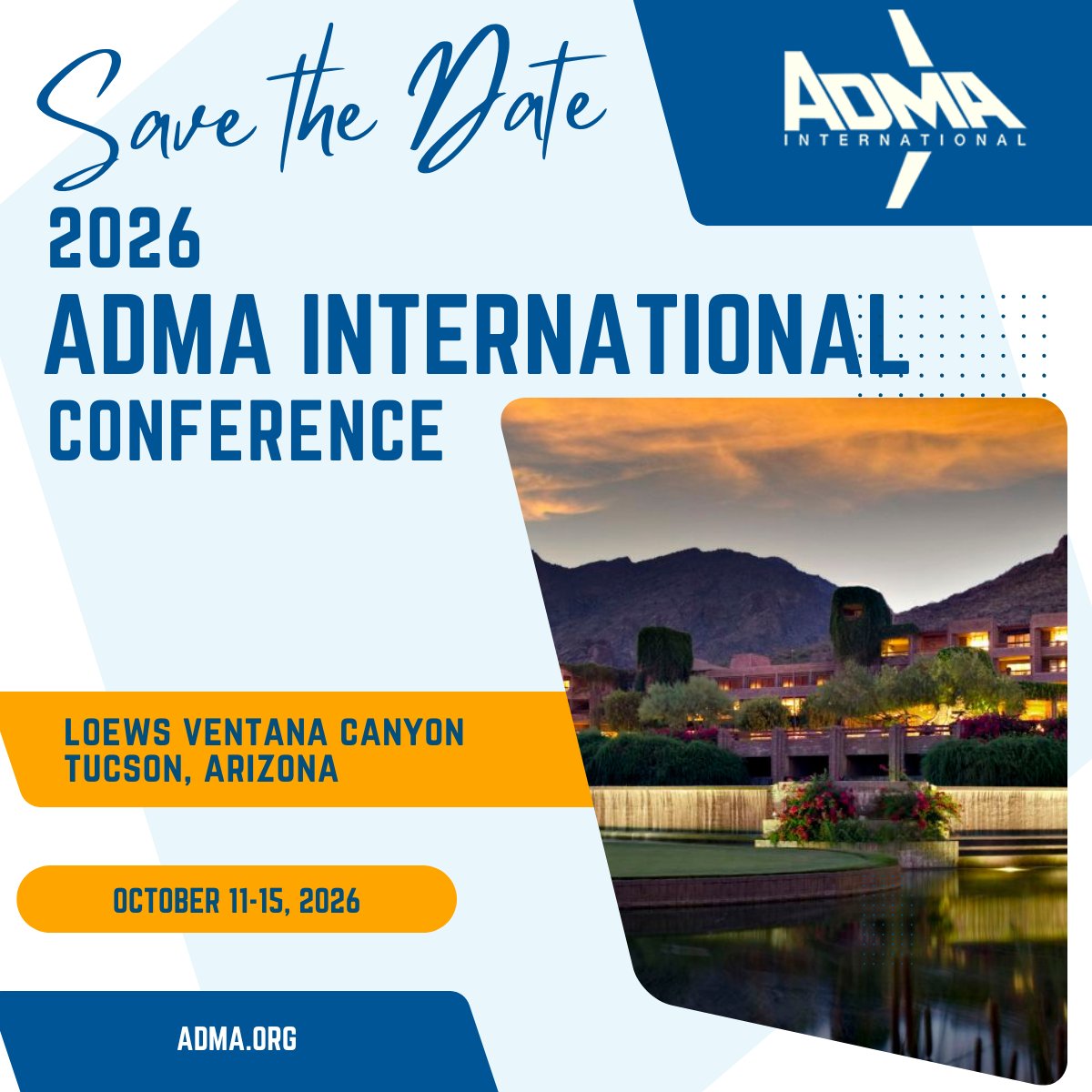 ADMAIntl's tweet photo. 🎉 The 2026 ADMA Conference is coming quickly! Join us from October 11-15, 2026, at the Loews Ventana Canyon Resort in Tucson, Arizona. Whether you’re a distributor or manufacturer, this event is tailored for you. Don’t miss out! https://t.co/RnKIwQLKwA  🚀💬 #ADMA #ADMA2026 https://t.co/e4orjxBijV