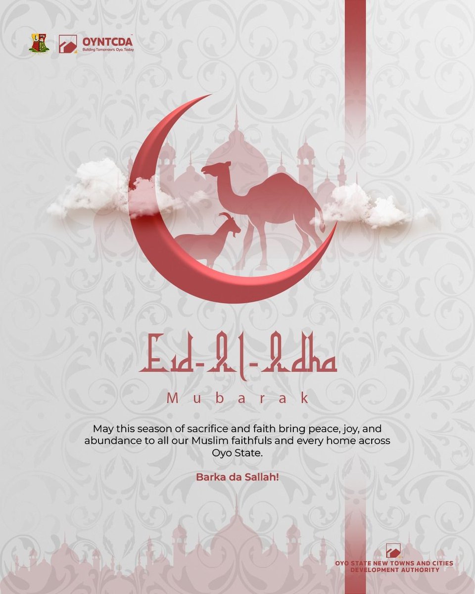 oyntcda's tweet photo. To every Muslim faithful across Oyo State, may your prayers be answered, your homes filled with peace, and this celebration bring joy to everyone around you.

Barka da Sallah! 🤲

#oyntcda #eidaladha #eidmubarak #barkadasallah #oyostate https://t.co/hY7s6NEMST
