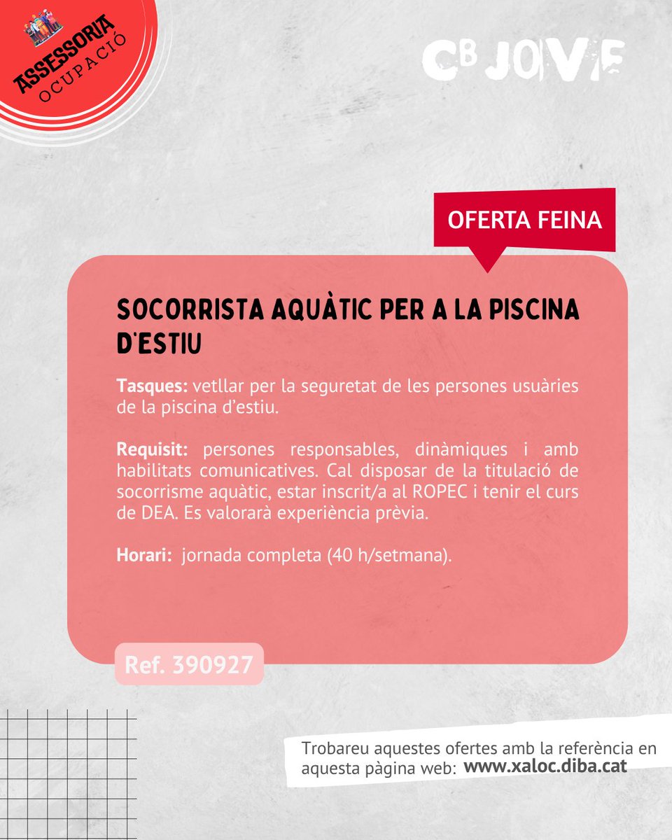 CBJOVE's tweet photo. 💼 Ofertes de feina de la setmana

🏅 Personal educador/a esportiu/va
🖥️ Personal auxiliar administratiu/va
🏊‍♂️ Socorrista aquàtic/a per a la piscina d’estiu

👉 Per a més informació, envia’ns un missatge!

#castellbisbal #cbjove #cbofertesfeina https://t.co/rtFeU3omVO