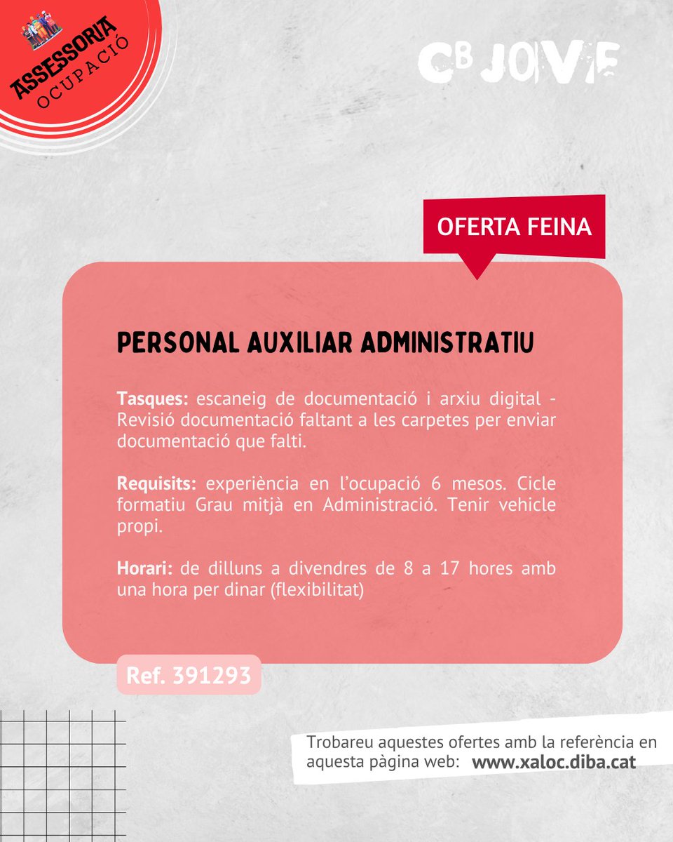 CBJOVE's tweet photo. 💼 Ofertes de feina de la setmana

🏅 Personal educador/a esportiu/va
🖥️ Personal auxiliar administratiu/va
🏊‍♂️ Socorrista aquàtic/a per a la piscina d’estiu

👉 Per a més informació, envia’ns un missatge!

#castellbisbal #cbjove #cbofertesfeina https://t.co/rtFeU3omVO