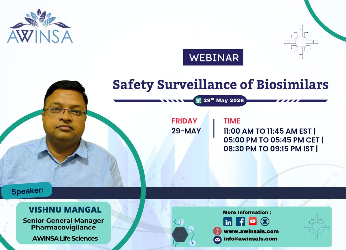 AWINSALS's tweet photo. Biosimilars expand access to advanced therapies while lowering costs—but their complexity demands vigilant pharmacovigilance. AWINSA supports sponsors with global safety oversight, risk management, and regulatory compliance. Register here:https://t.co/TTUIjjkGt3 https://t.co/yw9yO6i2o5