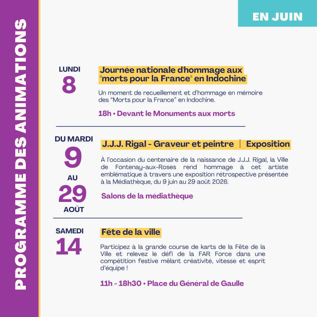 fontenay92's tweet photo. 🌞 Juin à Fontenay-aux-Roses : expos, Fête de la Ville, course de karts, Fête de la Musique avec scène ouverte, cérémonies, sport et animations rythmeront tout le mois ! 💜

📅 Infos &amp; agenda : https://t.co/kEVq95AulQ https://t.co/ImlPeVtedI