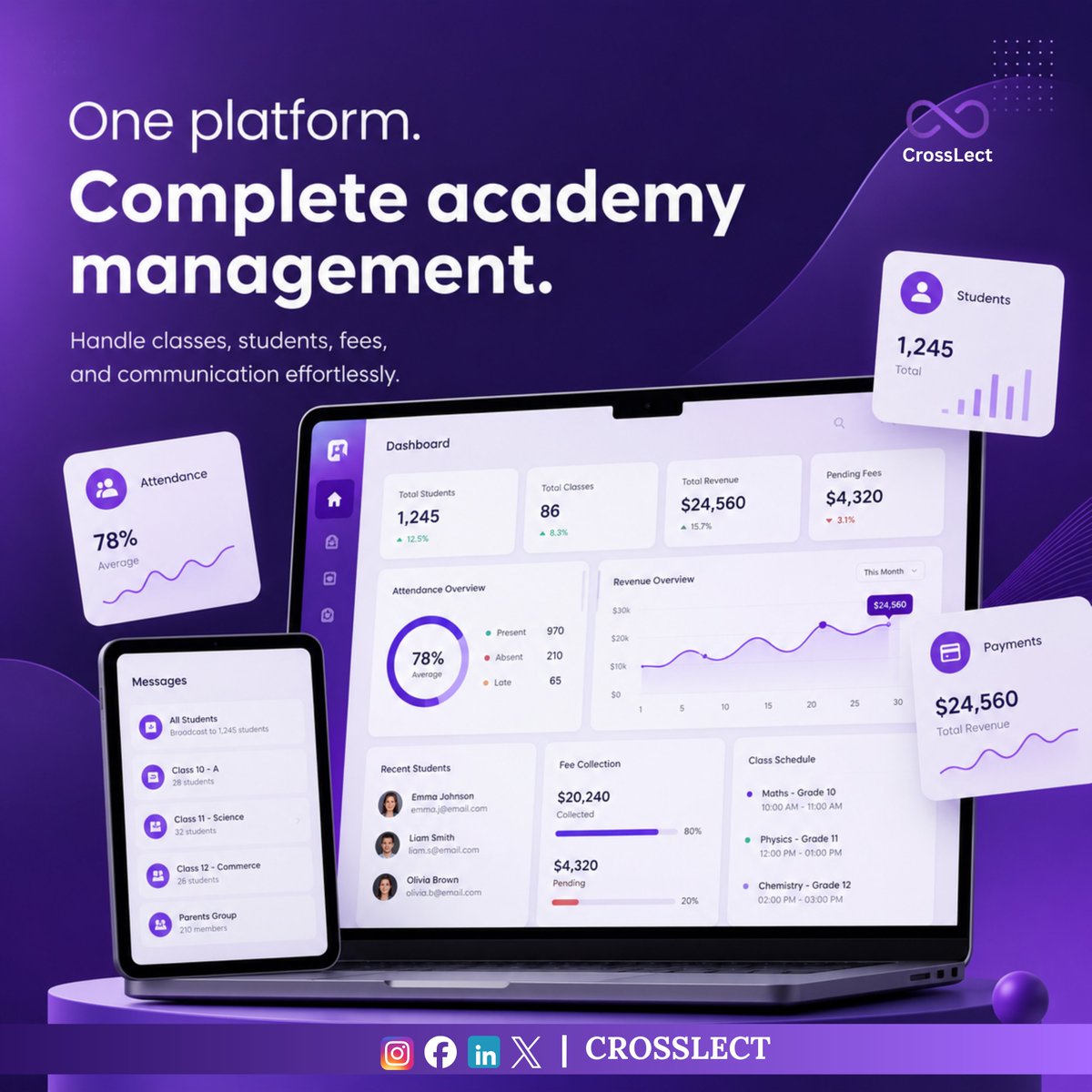 CrossLect's tweet photo. From student management to live classes - everything your academy needs, all in one smart platform.
🌐https://t.co/YFTZQnyzAD
📩contact@crosslect.com
#AcademyManagement #EdTech #OnlineLearning #EducationTechnology #LearningPlatform #SmartEducation #DigitalAcademy #SaaS https://t.co/Q4mYgu0twq