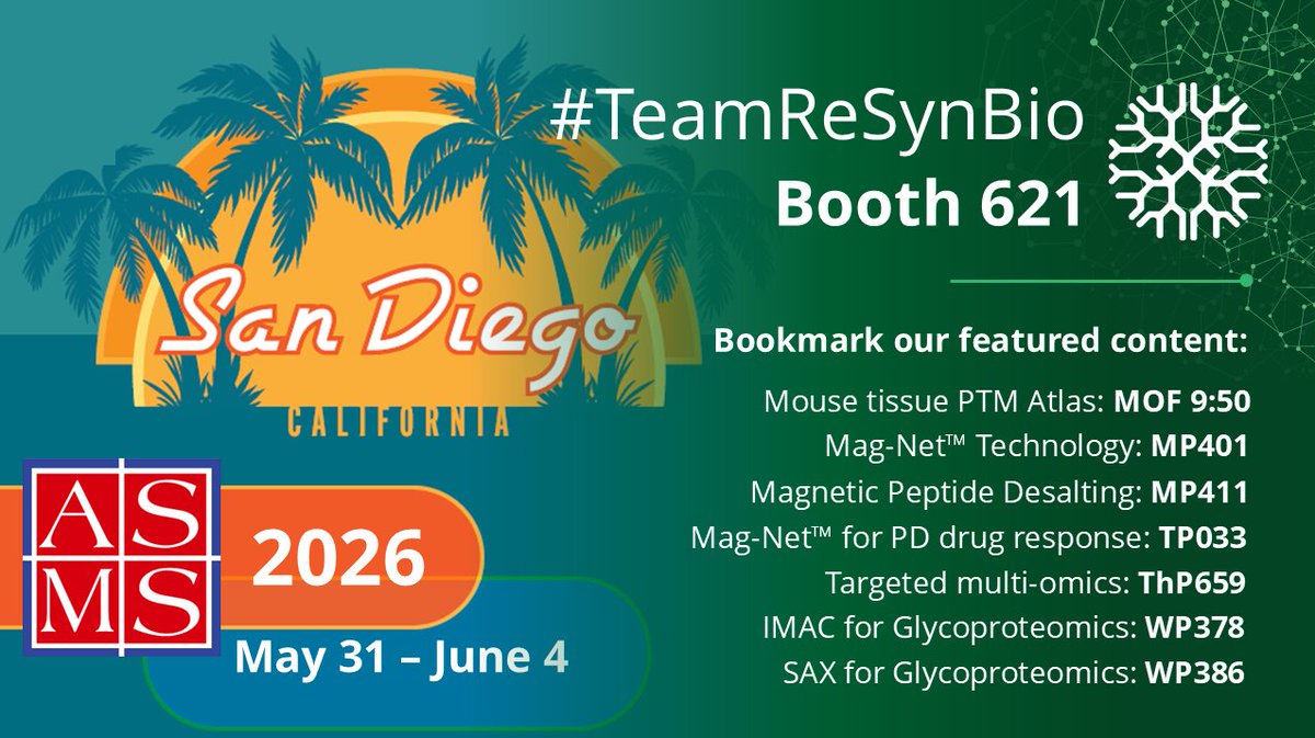 ReSyn_Bio's tweet photo. WOW🎉! An incredible showing of #TeamReSynBio technologies and applications at #ASMS2026, here are some of our highlights! #TeamMassSpec #PTMs #Glycoproteomics #SamplePrep #Mag_Net https://t.co/WizQfqEMy2