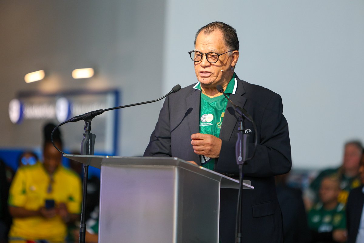 StandardBankZA's tweet photo. @SAFA_net president, Dr Danny Jordaan led today’s send‑off with words of support before introducing @BafanaBafana  Coach Hugo. His speech carried focus and determination, setting the tone for the journey ahead. Leadership and guidance united, the boys are #BackedByBlue💙. #SBLove💙