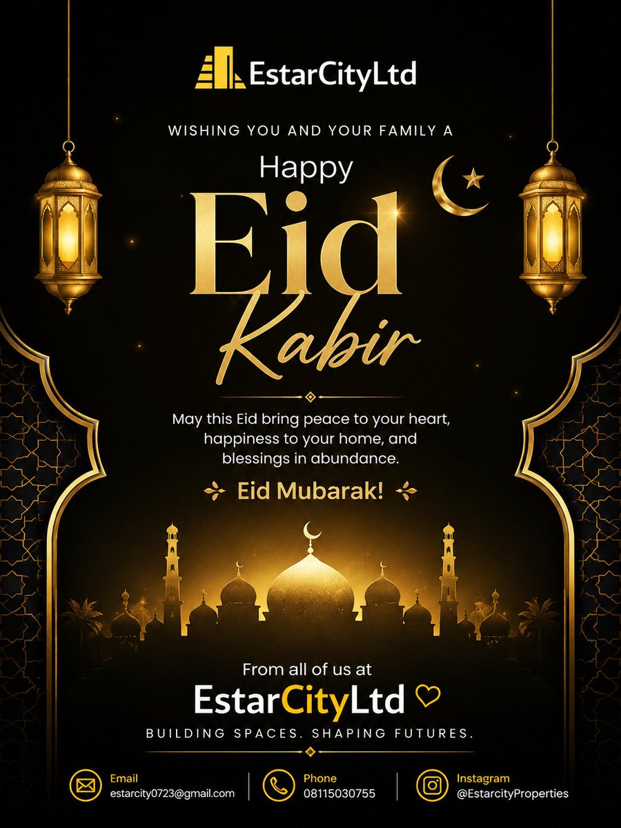 EstherBabale2's tweet photo. Happy Eid Kabir 🌙💛

May your home be filled with laughter, your heart with peace, and your life with countless blessings. Enjoy the celebration with love, family, and gratitude.

From all of us at EstarCityLtd, Eid Mubarak ✨

#EidKabir #EidMubarak #EstarCityLtd #ForYou #Bless https://t.co/gaJYMIc9Ik