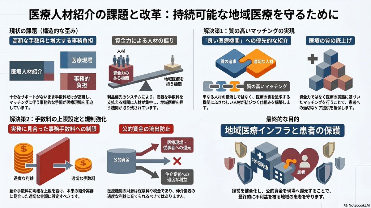 wowoimo's tweet photo. 【医療人材紹介会社の手数料問題と今後のあり方】

こんにちは、社会活動医のドクターおーみと申します。

先日、全国保険医団体連合会から「民間有料職業紹介事業に対する規制強化を求める要望書」が提出されました。本件について、現場の医師、そして医療経営に携わる立場として私の考えを共有します。

結論から申し上げますと、この要望書の内容には強く賛同します。

現状の医療人材紹介サービスの中には、十分なサポートが提供されないまま高額な手数料だけが発生し、結果として医療機関側の事務的な手間ばかりが増えてしまうケースが少なくありません。もちろん、求職者に真摯に寄り添い、丁寧なマッチングを行っている優良な事業者も存在しますが、個人のタイミングや勤務地の条件などに左右される部分も大きく、現在のシステムには構造的な限界を感じています。

この問題を解決し、持続可能な医療提供体制を守るためには、以下の2点が重要だと考えています。

【1.質の高いマッチングの実現】
単なる人材の横流しではなく、より良い医療を提供しようと努力している「良い医療機関」に、それにふさわしい「良い人材」が適切に紹介されるような仕組みづくりが必要です。現在の利益優先の紹介システムでは、高額な手数料を支払える機関にばかり人材が偏り、地域医療に真摯に向き合っている医療機関が人材確保に苦しむという歪みが生じてしまいます。医療の質を底上げし、患者さんに適切なケアを届けるためには、単なる資金力ではなく、医療機関の質に基づいたマッチングが不可欠です。

【2.紹介手数料の上限設定】
人材紹介の手数料は、本来の実務に見合った事務手数料の範囲にとどめるべきであり、手数料に明確な上限を設定するという規制強化の方向性は非常に良いアプローチだと考えています。そもそも医療機関の収益の大部分は、皆さんが支払う保険料や税金といった公的な財源で賄われています。この公共性の高い資金が、現場の医療提供や従事者への還元ではなく、仲介業者の過度な利益として流出してしまうことは、社会保障の本来の目的に反します。だからこそ、自由競争の市場原理に任せ切るのではなく、公的資金を守るために制限を設ける正当性があるのです。

医療機関の経営が立ち行かなくなれば、最終的に不利益を被るのは地域の患者さんです。日本の医療インフラを守るためにも、こうした制度の見直しが早く進むことを期待しています。