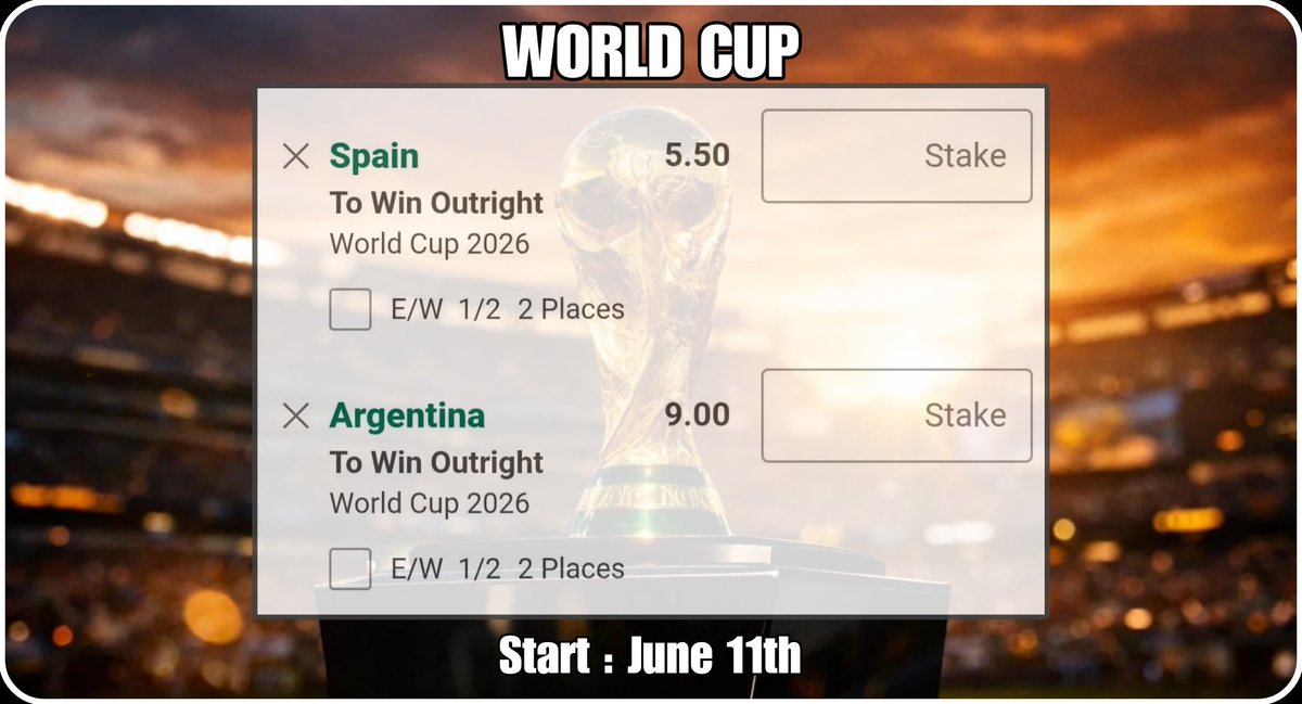 TomWhiteTips's tweet photo. WORLD CUP 🏆

Spain - To Win Outright 
@ 5.50 🇪🇸 

Argentina - To Win Outright
@ 9.00 🇦🇷 

🇨🇦 🇲🇽 🇺🇸 https://t.co/6GMbX9KTZP