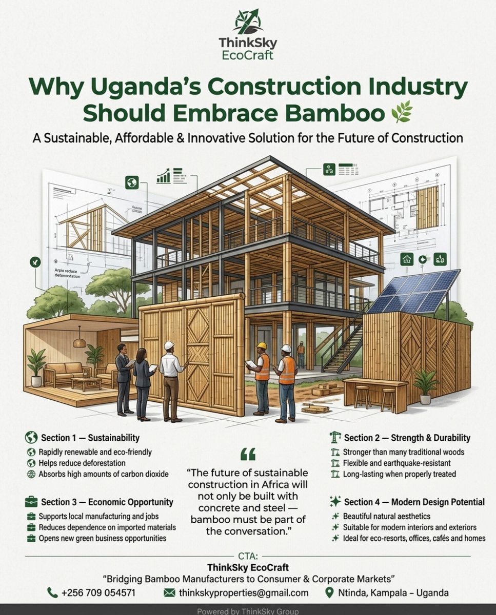 ThinkSkyEco's tweet photo. Uganda’s construction future must be sustainable 

Bamboo offers Sustainability, Strength &amp; durability, Modern design potential &amp; Local economic opportunities

The future of African construction should not rely only on concrete &amp; steel.Bamboo must be part of the conversation https://t.co/keaGId6COP
