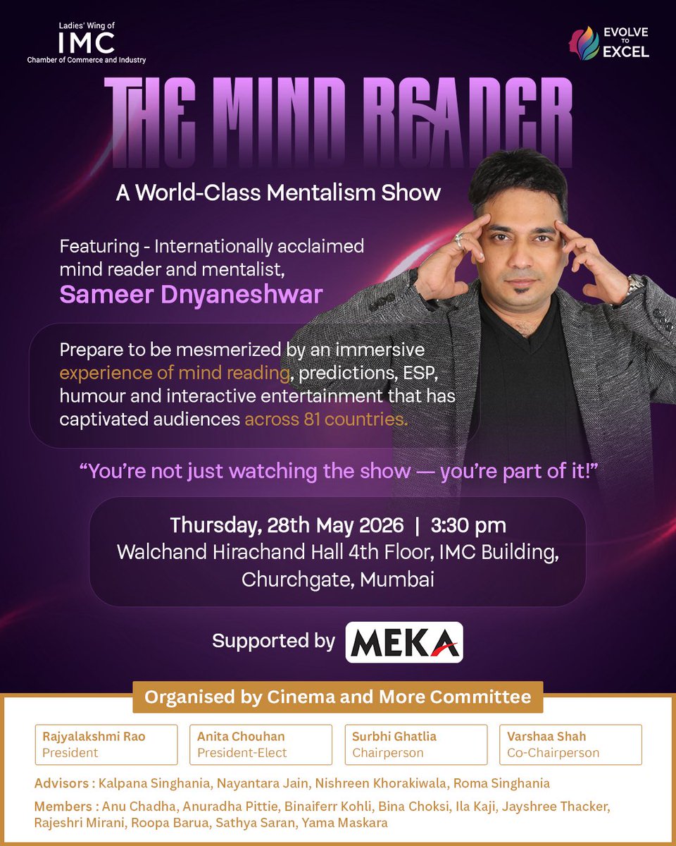 IMCLadiesWing's tweet photo. What if the most mysterious thing in the room… was your own mind? ✨

Get ready for an unforgettable evening with internationally acclaimed mind reader and mentalist Sameer Dnyaneshwar, whose immersive performances of mind reading, predictions, ESP, humour, and more. https://t.co/vOQxbVxmSp