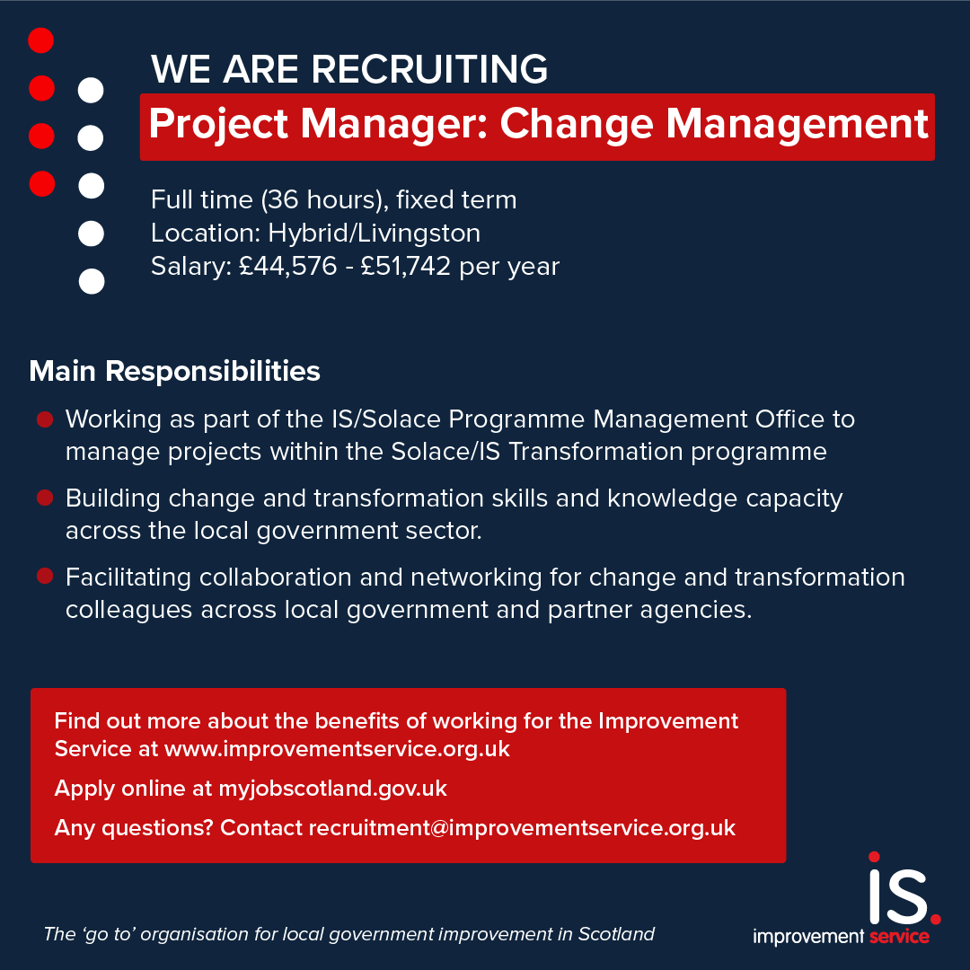 improvserv's tweet photo. 🆕 We are looking for a Project Manager in Change Management to help support councils and partnerships to deliver transformational and operational level change to improve outcomes for local communities across Scotland.

Closing date 21st June 2026 https://t.co/7ttRO460e2 https://t.co/QoPrqWY0lf
