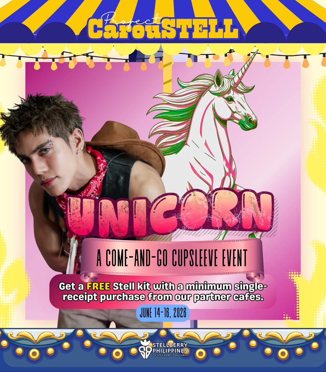 StellBerryPH's tweet photo. Celebrate Stell's birthday with us at StellBerry Philippines with #ProjectCarouSTELL_Unicorn, a Come-and-Go Cupsleeve Event across Greater Metro Manila made for YOU, StellBerries.

Stay tuned for full details about the locations, inclusions, and mechanics on how to avail your FREE Stell birthday kit.

#ProjectCarouSTELL 🎠
@stellajero_ #Stell #SB19_STELL
@stellhouses