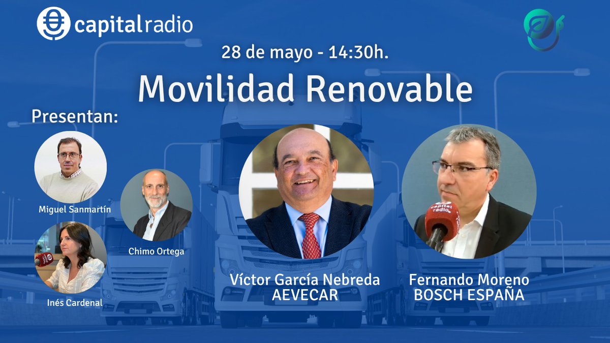 plataforma_es's tweet photo. 🚨 Este jueves, a partir de las 14:30h, vuelve #MovilidadRenovable, en @capitalradiob, para hablar sobre el #TourDEurope y la descarbonización del transporte por carretera, con Víctor Gª Nebreda (AEVECAR) y Fernando Moreno (@BoschGlobal).

🔗 Síguelo 👉🏻 https://t.co/swGfKugpaq https://t.co/vdAvJmayhA