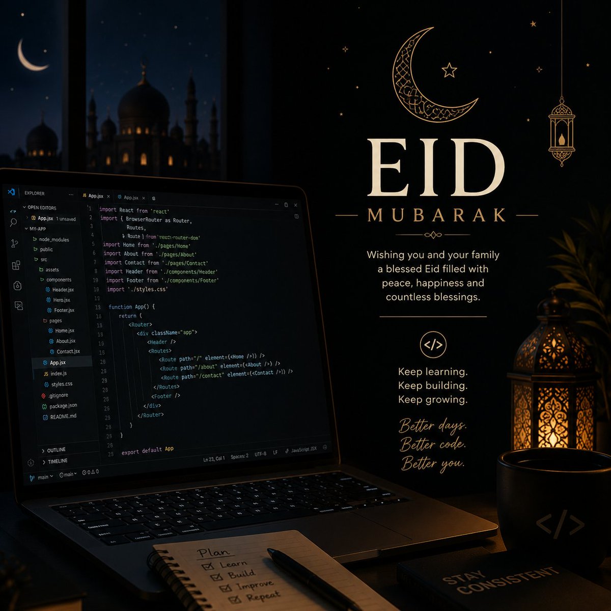 AbbeyStackdev's tweet photo. Eid Mubarak to everyone celebrating 🌙

Wishing you peace, happiness, and progress in everything you’re building — in life and in tech.

Back to learning and building after the celebrations 💻

#EidMubarak #Tech #WebDevelopment #Programming #DeveloperJourney https://t.co/RdOfvcMU5H
