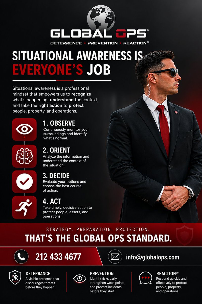GOPS_INC's tweet photo. Situational awareness is a daily responsibility. The ability to observe, understand, decide &amp; act can make the difference between prevention and reaction. 

#GlobalOPS #SituationalAwareness #SafetyFirst #Preparedness #SecurityProfessionals #ExecutiveProtection #SecurityAwareness https://t.co/UhmqbSYp9W