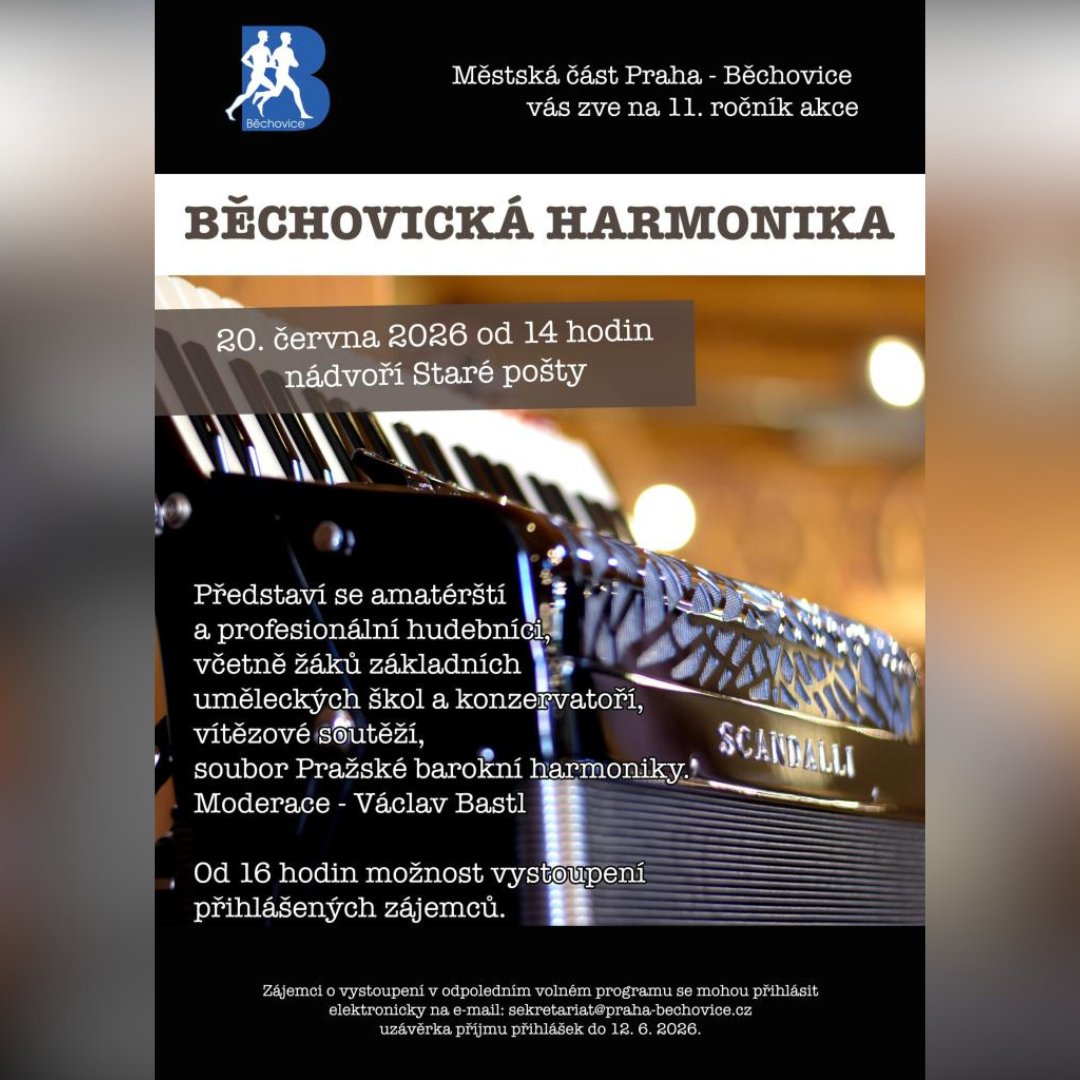 mcbechovice's tweet photo. Vážení občané, 🏘️
už zítra zaplní Nádvoří Staré pošty tóny harmonik. 🪗 11. ročník Běchovické harmoniky startuje přesně ve 14:00.
Čeká nás odpoledne plné písniček, skvělé nálady a setkání s přáteli. 
👉 https://t.co/8VzxOuCjVX https://t.co/uHJAPUyvla