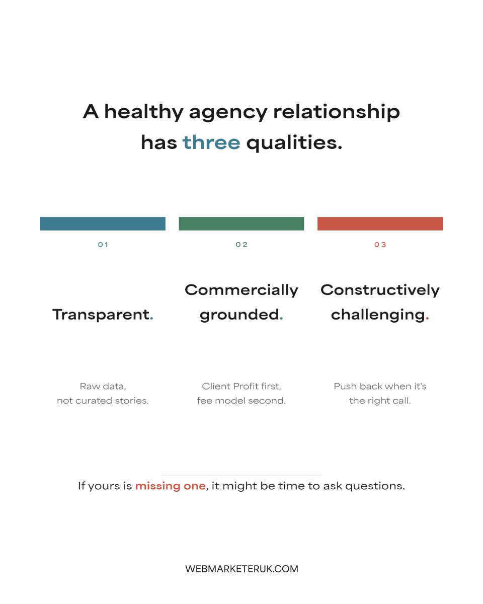 WebMarketerUK's tweet photo. A healthy PPC agency relationship is transparent, commercially grounded, and constructively challenging.

If yours is missing one, you've got a problem.

https://t.co/UqumQlPna4

#b2bperformancemarketingpodcast https://t.co/5LXBtaEKQL