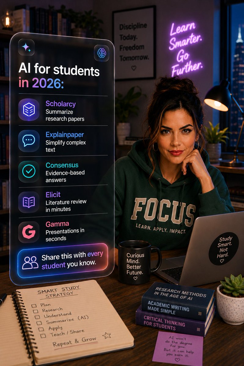 Terie_AI's tweet photo. AI for students in 2026:

• @scholarcy  → summarize research papers
• @explain_paper  → simplify complex text
• @ConsensusNLP  → evidence-based answers
• @elicitorg  → literature review in minutes
• @GammaApp  → presentations in seconds

Share this with every student you know.