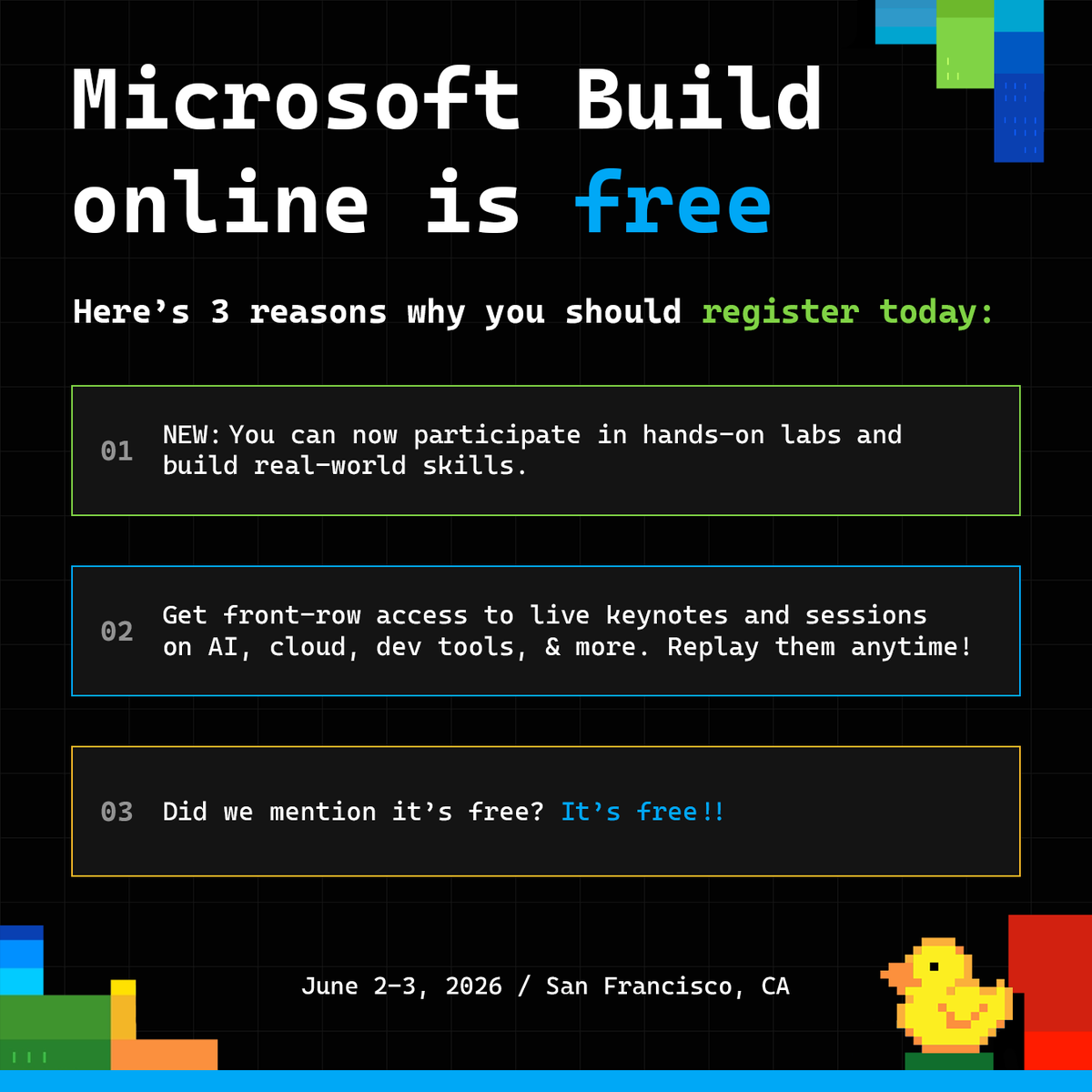 msdevindia's tweet photo. #MicrosoftBuild online is free, which means your couch has conference access. Watch the keynote, jump into hands-on labs, save sessions for later, and replay what you missed. Register now: https://t.co/IezmgLvxu4
#MSBuild #AIAgents #Developers https://t.co/JnjYbRGUVP