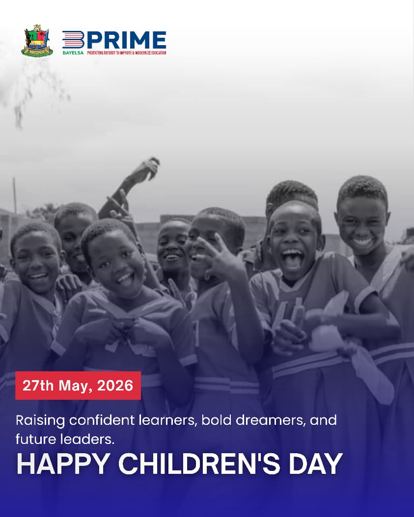 BayelsaPrime's tweet photo. To every child in Bayelsa State's public primary schools: today is yours.
You are the reason the work exists. Happy Children's Day from BayelsaPRIME.

#ChildrensDay #BayelsaPRIME #BayelsaState #NigeriaEducation https://t.co/SvDmFfOTiB