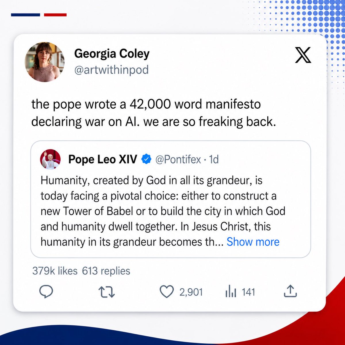 IndianMediabiz's tweet photo. Pope Leo XIV has sparked global debate after releasing a manifesto warning that unchecked AI could deepen inequality, centralize power, spread misinformation, and create new forms of “digital slavery.”

#popeleoxiv #trending #tweet #ai #humanity

(Pope Leo XIV, Al Debate, Tweet) https://t.co/0OgmzA0Spu