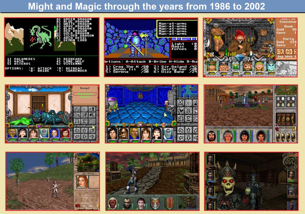 exQUIZitely's tweet photo. Were you a fan of Might and Magic?

It started in 1986 and ended in 2014, making Might and Magic one of the longest running game series in history.

I played from Book One in 1986 through to Darkside of Xeen (part V) in 1993.

Tried to get into Mandate of Heaven (1998) but didn't like the new style anymore. I prefer classic left/right, forward/backward controls and 90 degree angles. The "open" 3D world didn't feel right anymore.

The massive  jump in graphic quality from part II to part III was absolutely incredible.

I: The Secret of the Inner Sanctum, 1986
II: Gates to Another World, 1988
III: Isles of Terra, 1991
IV: Clouds of Xeen, 1992
V: Darkside of Xeen, 1993
VI: The Mandate of Heaven, 1998
VII: For Blood and Honor, 1999
VIII: Day of the Destroyer, 2000
IX: Writ of Fate, 2002
X: Legacy, 2014 (not in picture)