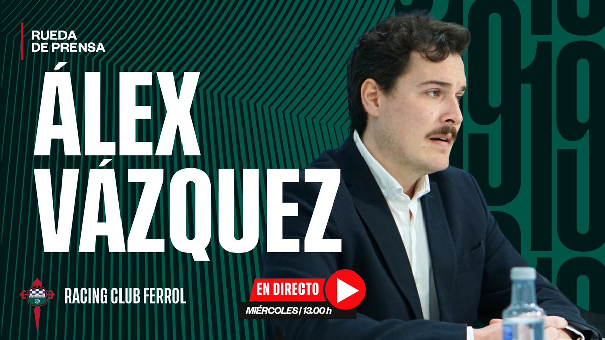racingferrolsad's tweet photo. ROLDA DE PRENSA | Segue en directo as declaracións de Álex Vázquez sobre o peche da tempada e a análise da situación do plantel de cara ao vindeiro curso 🔜⚽

⏰ 13.00h
📺 https://t.co/7S2qRUp3t0

#SomosDeFerro