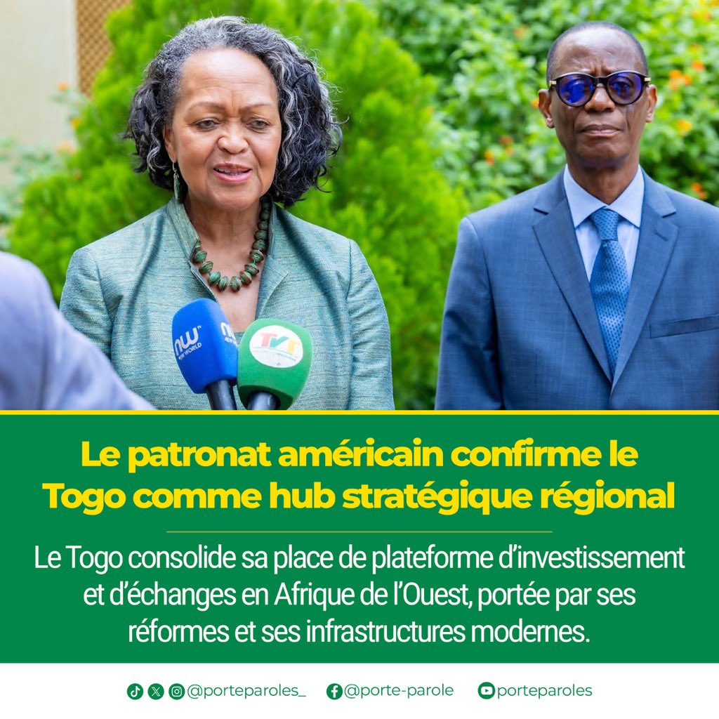 PorteParoleTG's tweet photo. Le #Togo consolide son positionnement comme plateforme stratégique en Afrique de l’Ouest, à la suite de la rencontre entre le Président du Conseil SEM Faure Gnassingbé et la représentante du patronat américain. 

#PorteParoleTG #Investissement #Économie #AfriqueDeLOuest #Hub https://t.co/JsVFQqEr0G