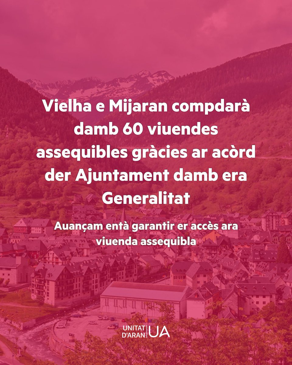 unitatdaran's tweet photo. 🏡ABITATGE-Auançam tà garantir er accèd ara viuenda assequibla
💪🏼Vielha e Mijaran compdarà damb 60 viuendes assequibles gràcies ar acòrd der Ajuntament damb era Generalitat
📝Impulsam eth convèni damb era Agéncia de l'Habitatge de Catalunya entara cession deth terren de Tresents https://t.co/pCKayKbwwC