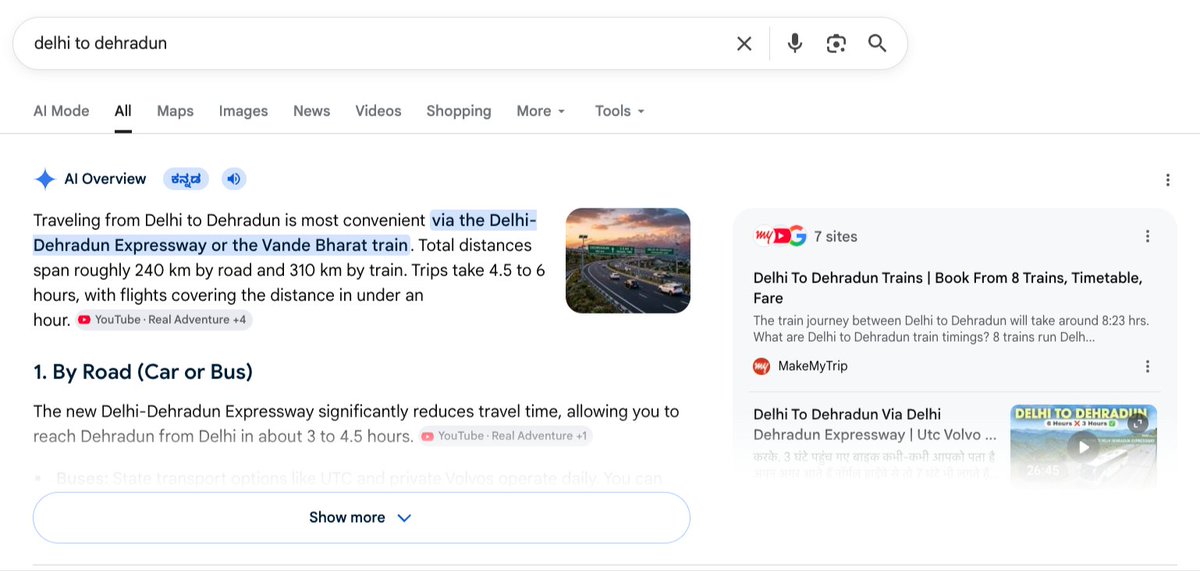 ManishK_Chauhan's tweet photo. Google Search is showing AI Overviews instead of the classic Directions/Route map widget for many location to location queries like “Delhi to Dehradun".

Are AI Overviews replacing utility-first SERP experiences? 

Do you have any update on this, @rustybrick?

#SEO #Maps https://t.co/kpJA6Fk0aW
