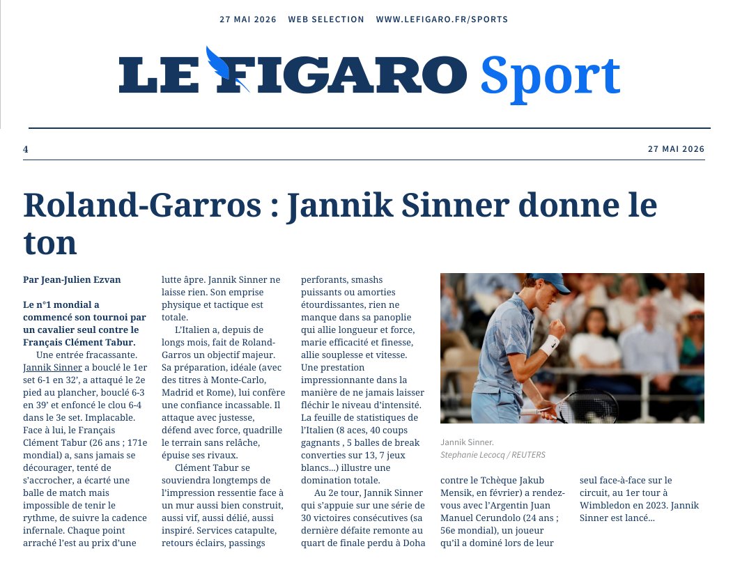 Frank201410's tweet photo. Dicono di lui.
#Jannik #Sinner #Tabur #RolandGarros @rolandgarros 

@Le_Figaro 27/05/2026 https://t.co/DYDCInD16p