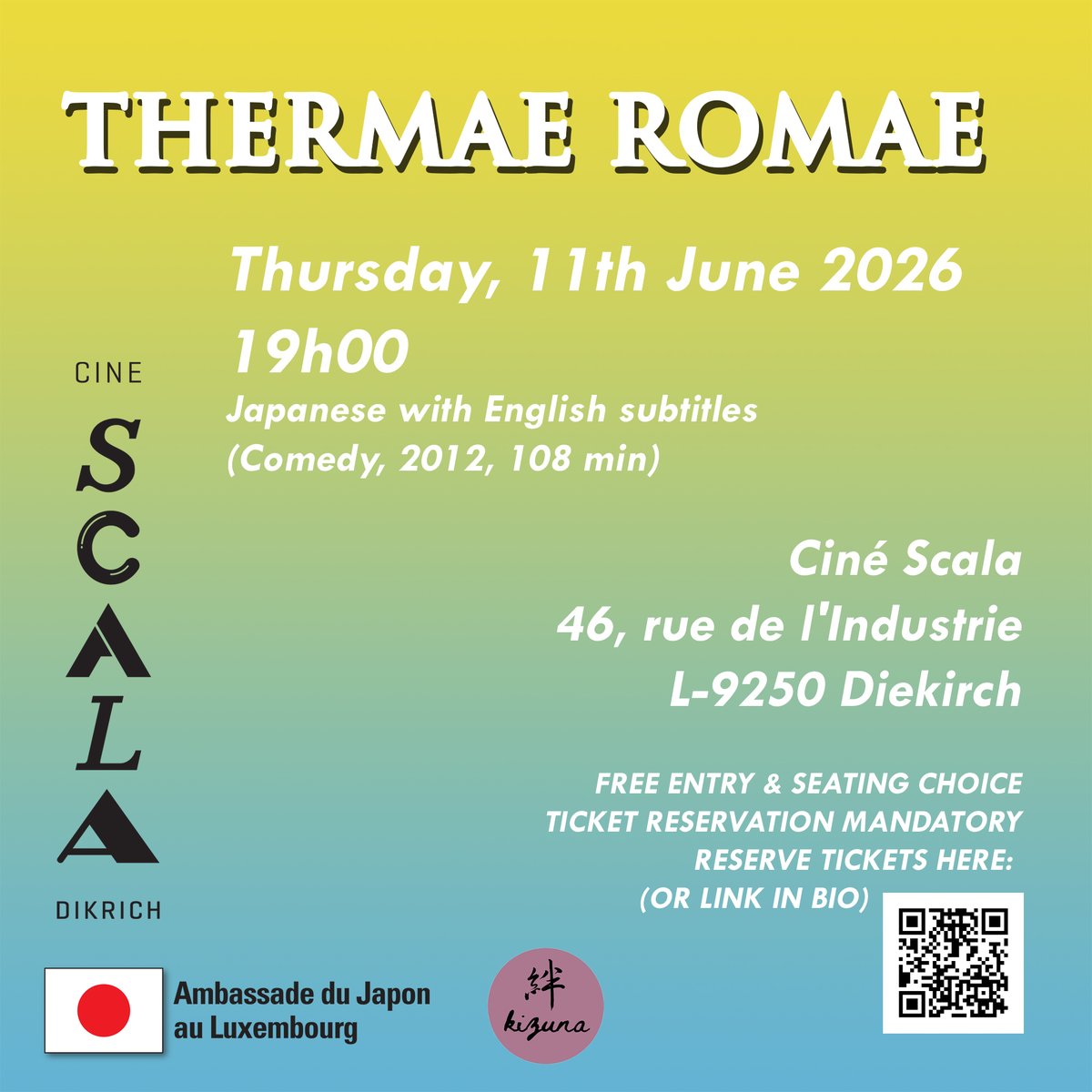 JapanEmbLUX's tweet photo. Ciné Scala in Diekirch
46, rue de l'Industrie, L-9250 Diekirch

Thursday, 11thJune 2026
19h00
Japanese with English subtitles

FREE ENTRY
FREE SEATING CHOICE

Ticket reservation is mandatory
TICKETS: https://t.co/8Pp5MEtDdo https://t.co/Y60MJqQZry