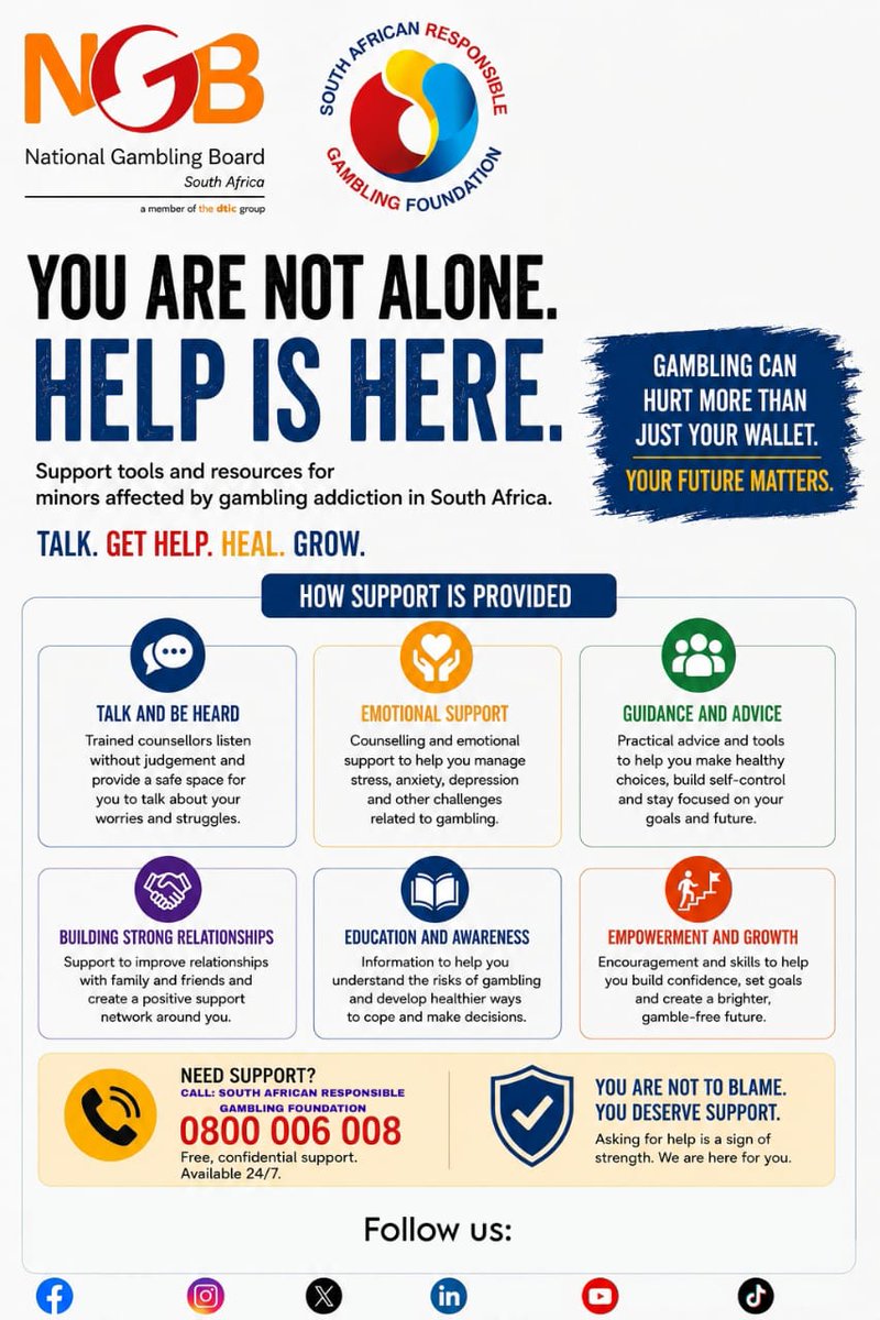 BoardGambling's tweet photo. You are not alone if you are experiencing a gambling problem.
Help is available. Contact SARGF via
WhatsApp number, 076 675 0710 to speak confidentially with
qualified psychologists, social workers, and
registered counsellors.
#Responsiblegambling #SARGF https://t.co/szgFnuIVD8