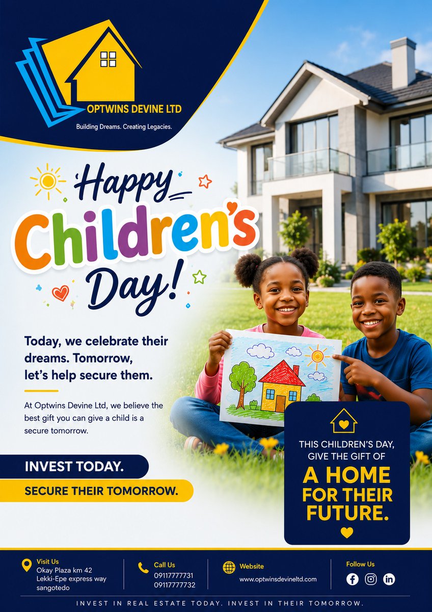 optwinsdevine's tweet photo. Our Children are Tomorrow leaders.
Secure their future today with smart investment in real estate.
Happy Children's Day from all of us at Optwins Devine Ltd
#ChildrensDay #ChildDevelopment #realestate #apartment #BrandAwareness #aquamarineapartment #shortletinsangotedo https://t.co/MFGnAt5N8C