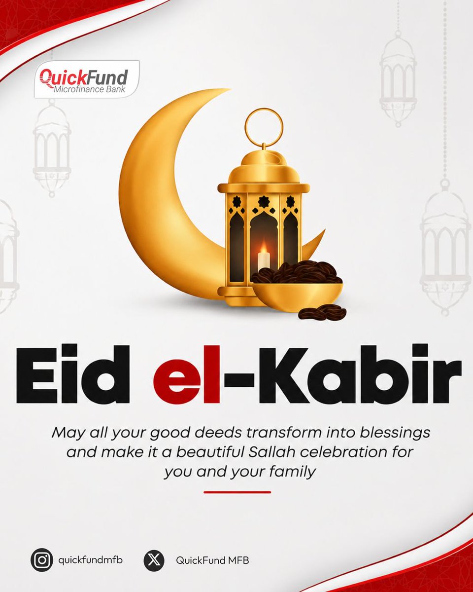 quickfundbank's tweet photo. Eid Mubarak from QuickFund MFB￼ 🌙
May this Sallah bring peace, joy, and countless blessings to you and your family. 🤍

#EidElKabir #EidMubarak #SallahCelebration #QuickFundMFB #PeaceAndBlessings https://t.co/rpHxF2fUdW