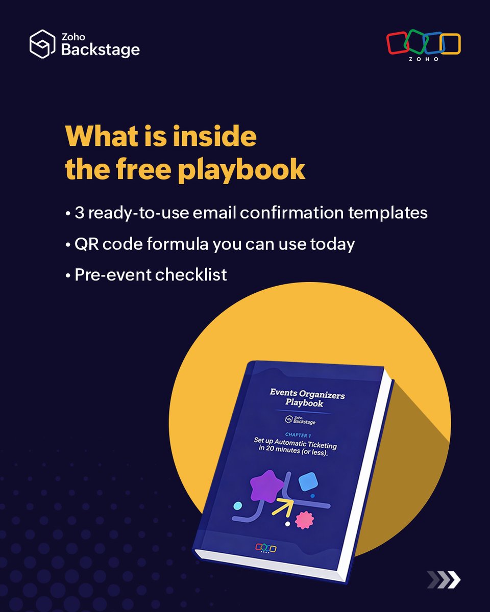 ZohoBackstage's tweet photo. Still sending event confirmation emails manually? 

Our free playbook automates your entire event workflow—payments, QR codes, and check-ins, all set up in 20 minutes. 

Download for free: https://t.co/OMFXKwjMsk 

#EventPlanning #ZohoBackstage https://t.co/yHVj2MVhCM